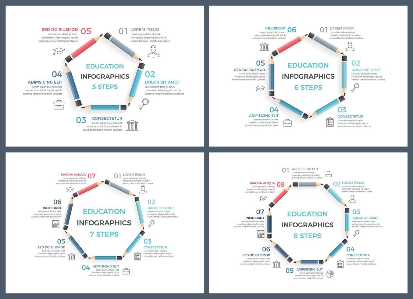 Education infographics templates with pencils arranged in a circle vector