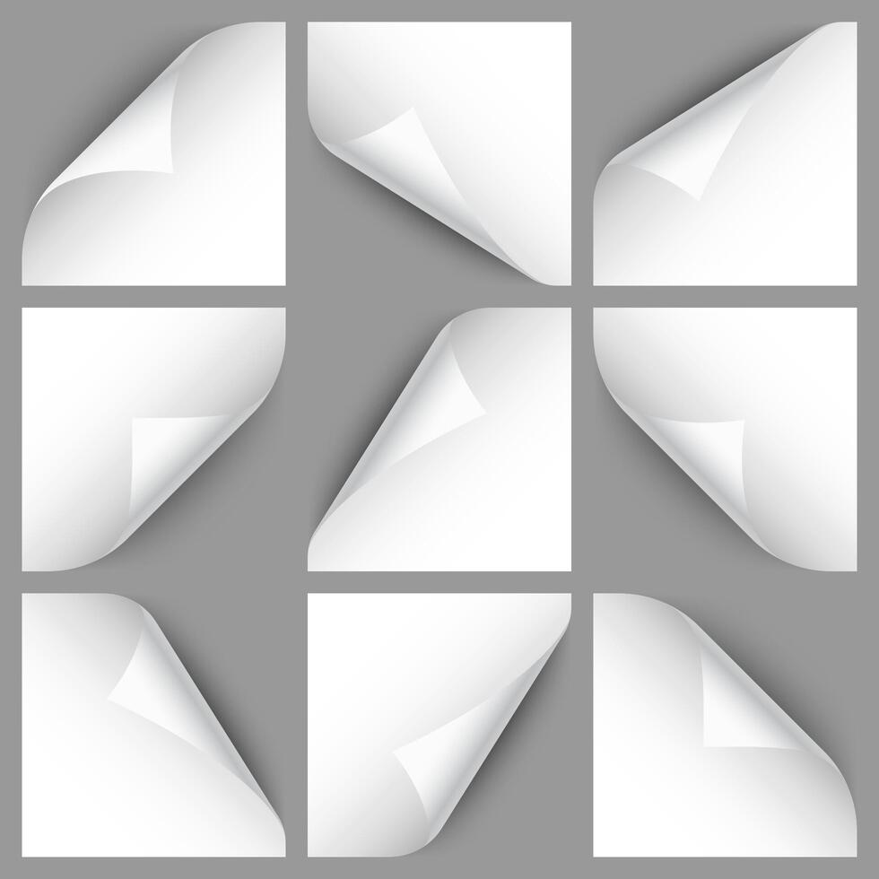 Set of white paper curls. Curled page corner with shadow. Blank sheet of paper. Design element for advertising and promotion. illustration. vector