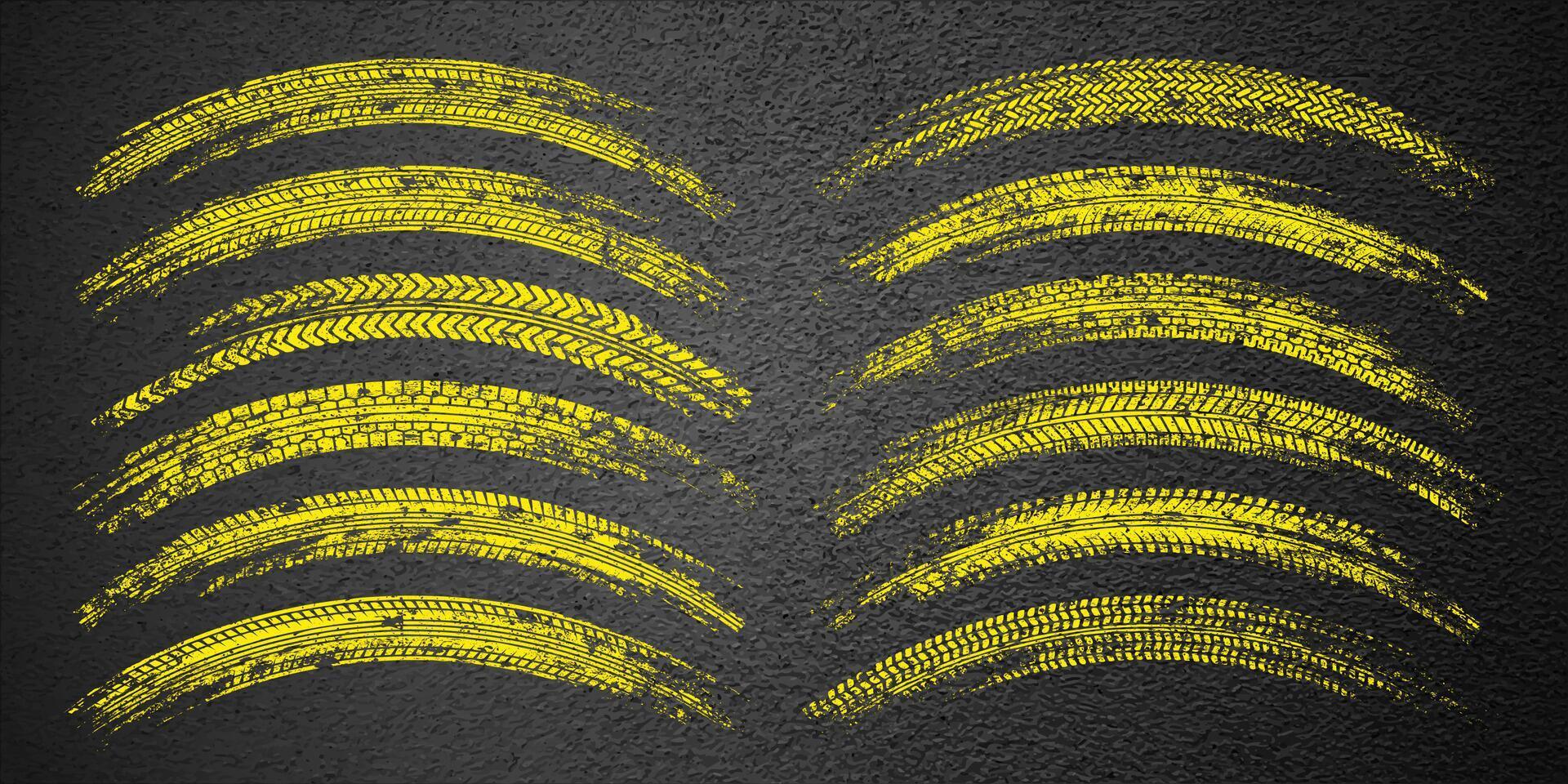 Yellow grunge tire tracks, wheel braking marks. Truck, car or motorcycle tread pattern silhouettes. Auto race, motorsport, speed racing design element. Asphalt texture. illustration vector