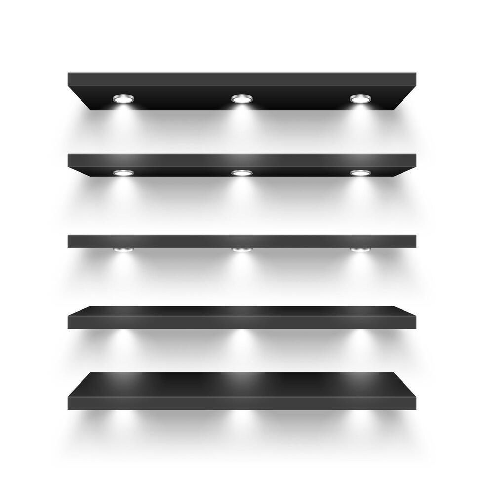 Realistic black store shelves with lighting, spotlights. Empty product shelf, grocery wall rack. Mall and supermarket furniture, bookshelf. Modern interior design element. illustration vector