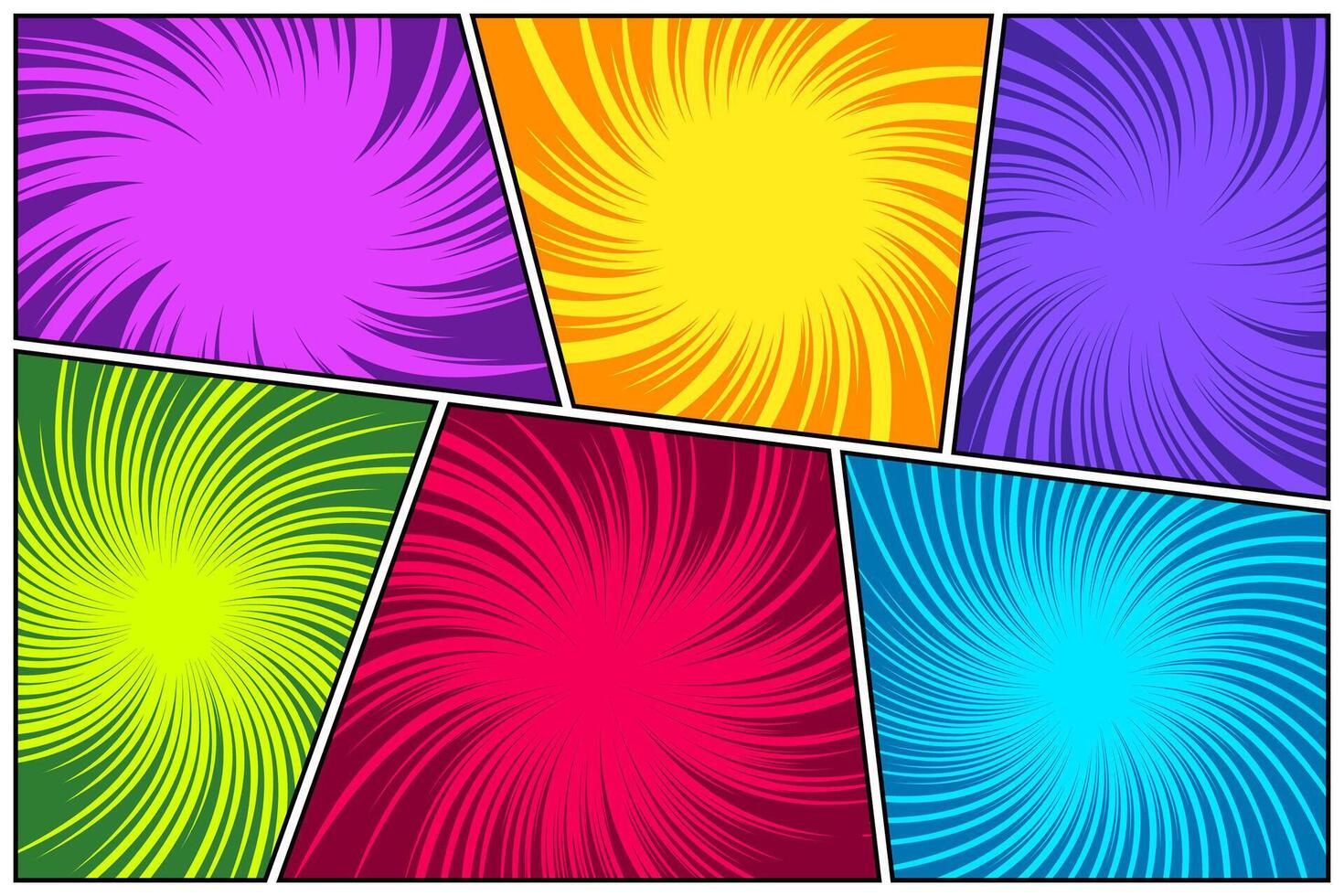 Colorful twisted comic book radial rays, lines. Comics background with motion, speed lines. Pop art style elements. illustration vector