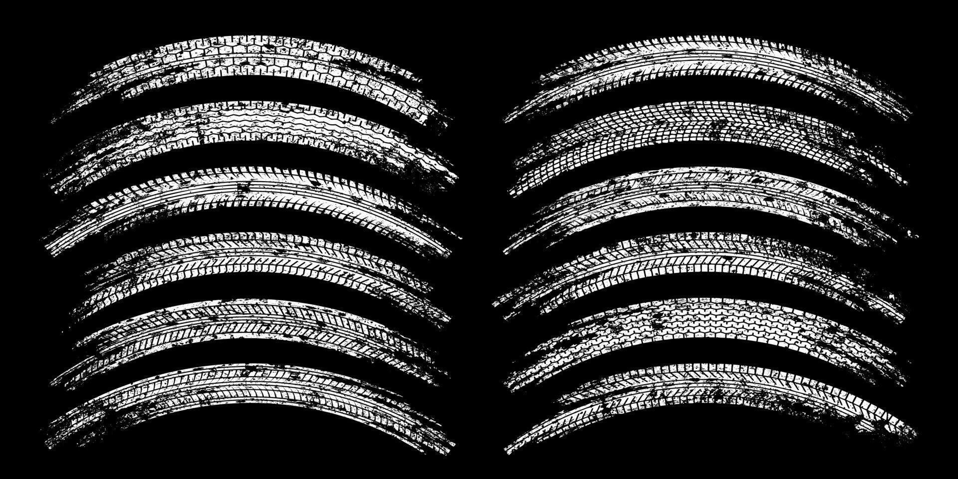 Grunge tire tracks, wheel braking marks. Truck, car or motorcycle tread pattern silhouettes. Auto race, motorsport, speed racing design element. illustration vector