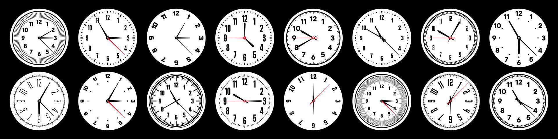 Mechanical clock faces with hands, bezel. Watch dial with minute, hour marks and numbers, arabic numerals. Timer or stopwatch element. Measuring circle scale with divisions. illustration vector
