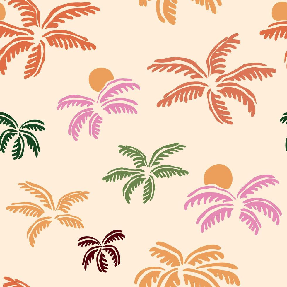 Cute colorful palm leaves seamless pattern. summer exotic jungle plants repeat background, floral beach textile design, vacation mood print, tropical story design, sunset in the palm tree. vector
