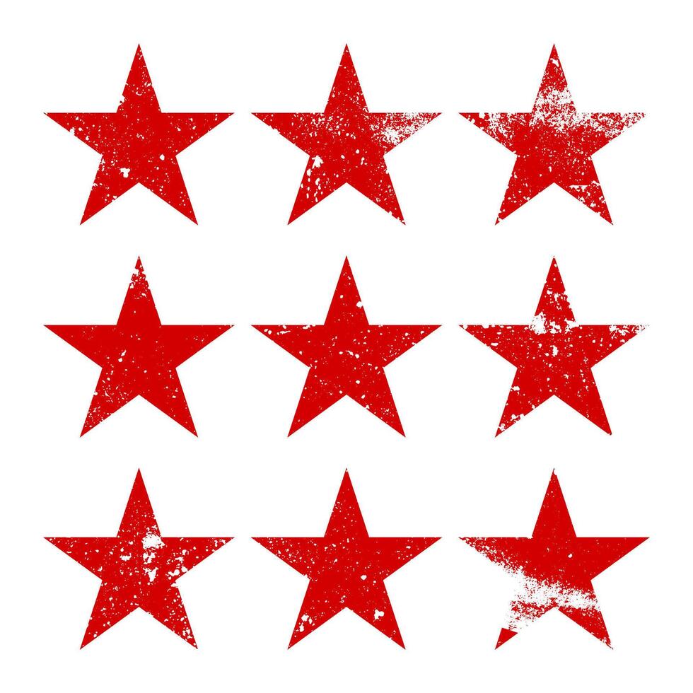 Red vintage stars with cracks and stains. Old hand-drawn sign, black simple shape. Retro design element with distressed effect, grunge texture. illustration vector