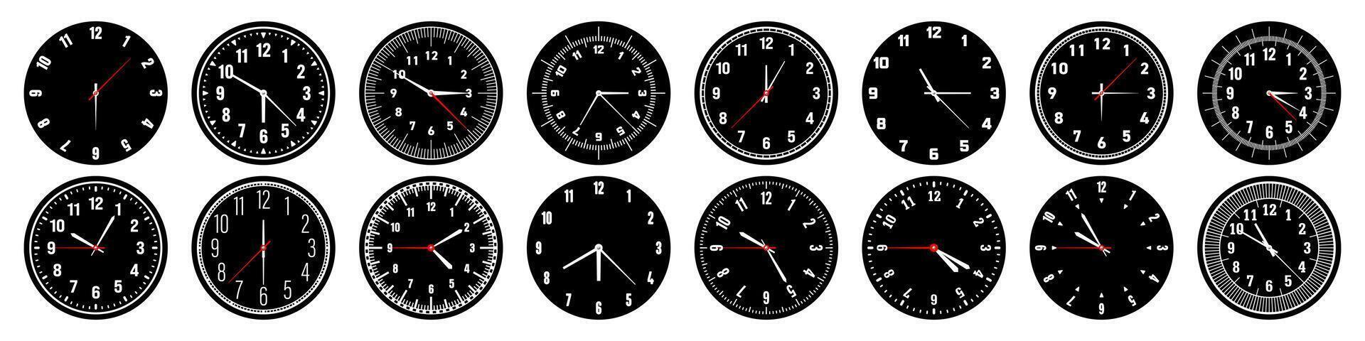 Mechanical clock faces with hands, bezel. Watch dial with minute, hour marks and numbers, arabic numerals. Timer or stopwatch element. Measuring circle scale with divisions. illustration vector