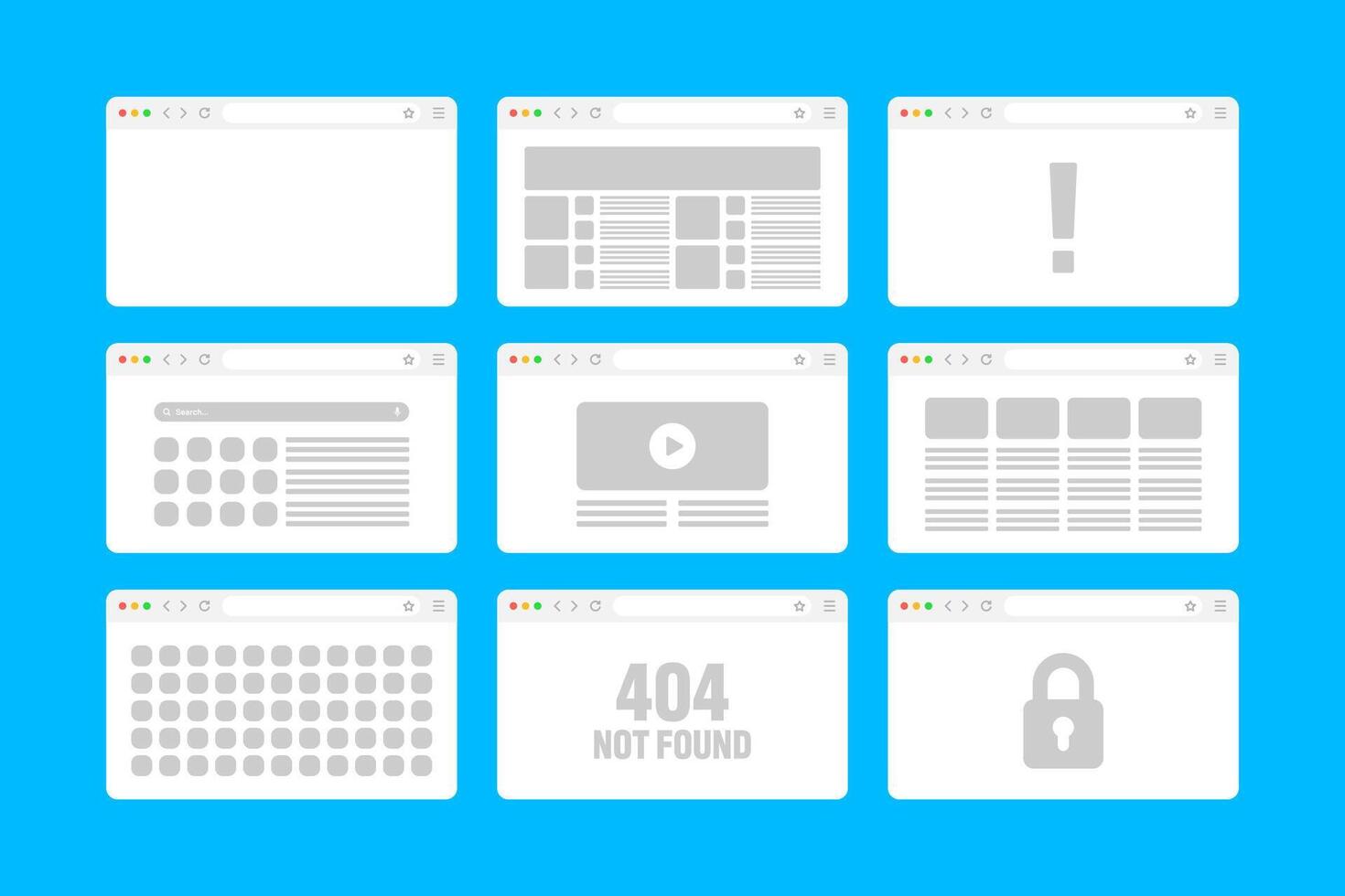 Web browser window, pages layout with toolbar and search field. Modern website, internet page in flat style. Browser mockup for computer, tablet and smartphone. Adaptive UI. illustration vector