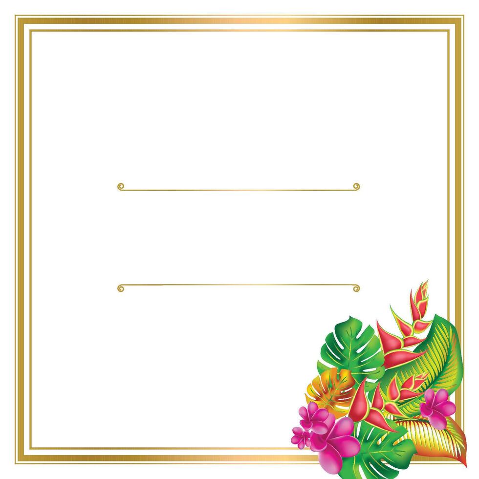 Palm monstera leaves with hibiscus and pink plumeria flowers abstract background template. Tropical exotic flower Frame. Trendy summer exotic flower card. vector