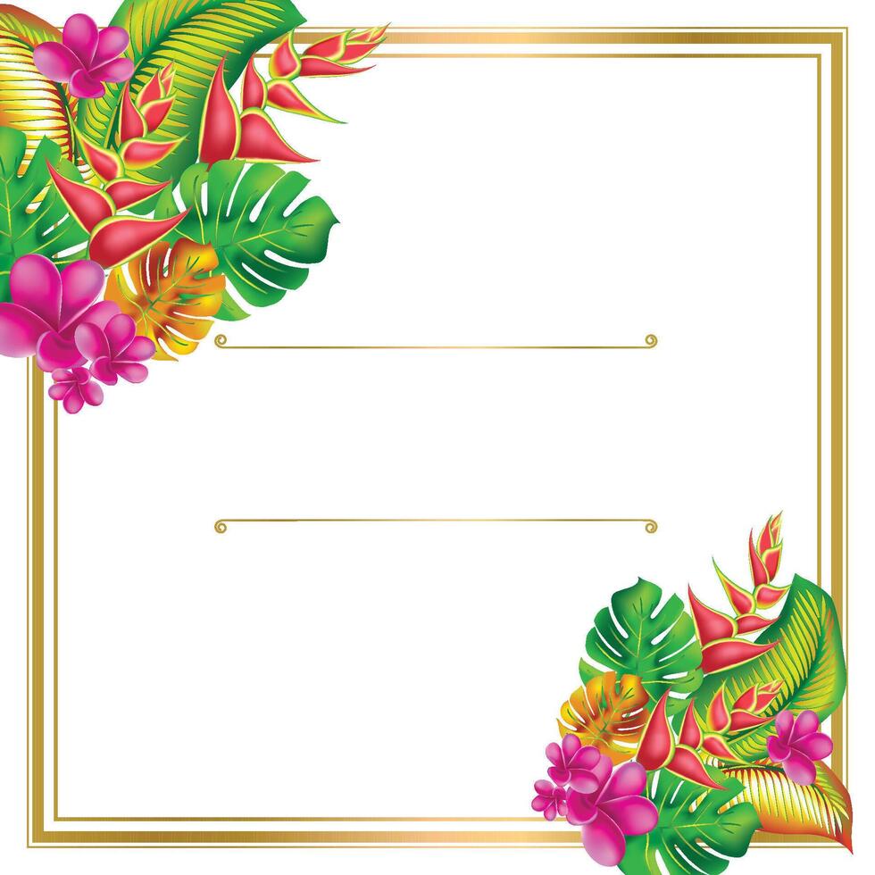 Palm monstera leaves with hibiscus and pink plumeria flowers abstract background template. Tropical exotic flower Frame. Trendy summer exotic flower card. vector