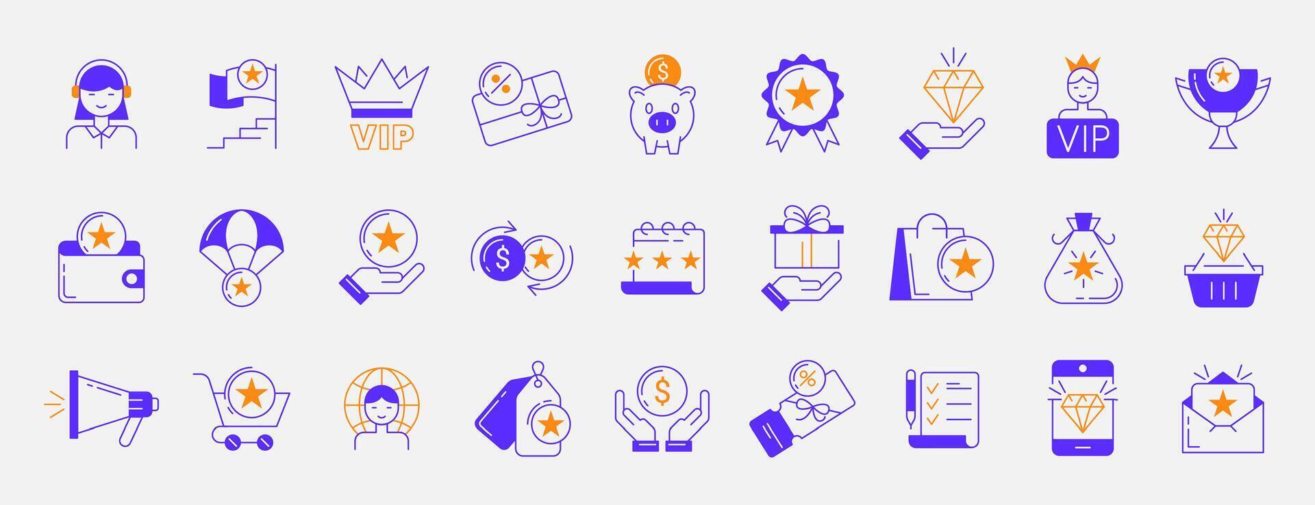 Exclusive benefits line icon set. Loyalty program offer with bonus points, piggy bank, vip member and discount voucher. Blue linear gift box, sale coupon, reward, shopping bag, wallet, coins in wallet vector