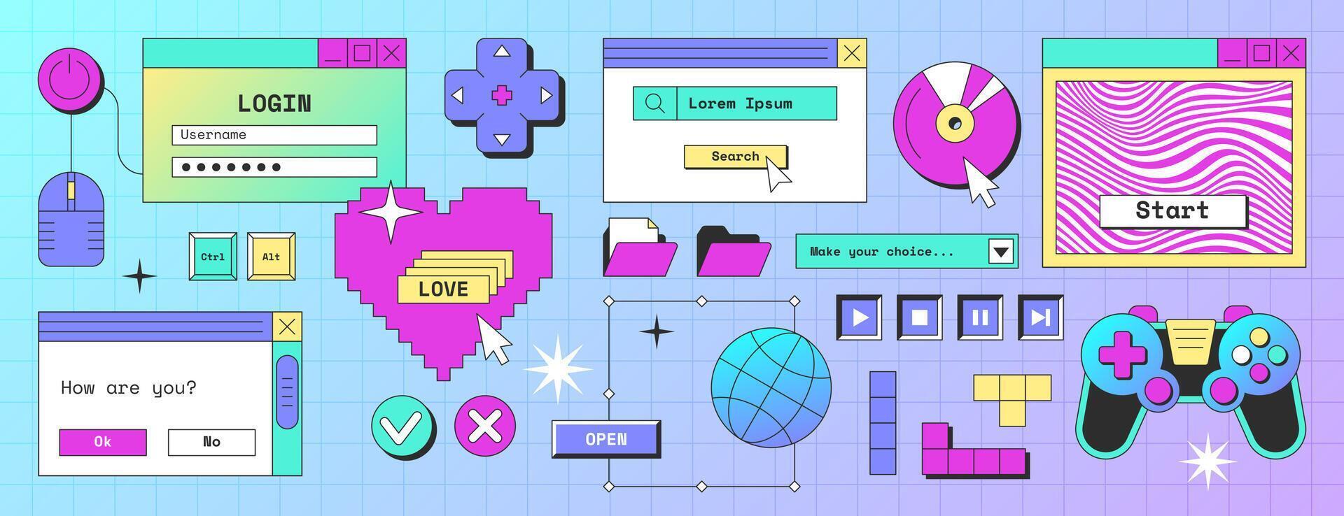 Old desktop pc screen elements in y2k style. Retro computer interface with login box, buttons, message frames, windows, folder with files, game controller, search bar, pixel heart icon. Geek stickers. vector