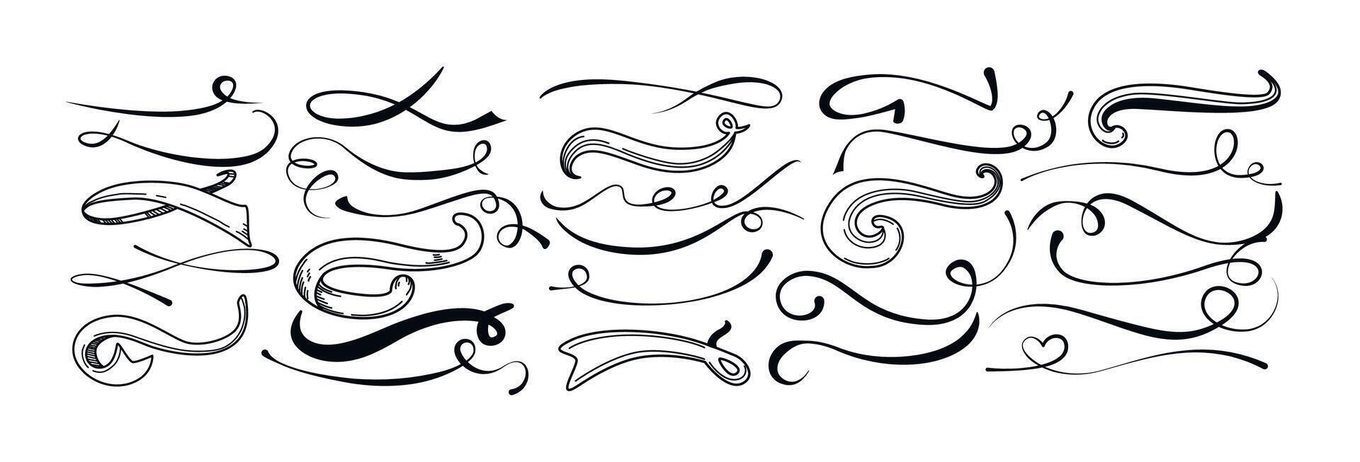 Hand drawn black sports swash tail font, text swoosh in doodle retro style. Swirl underline calligraphy decorative strokes. Curly swishes, typographic line for athletics, football on white background. vector
