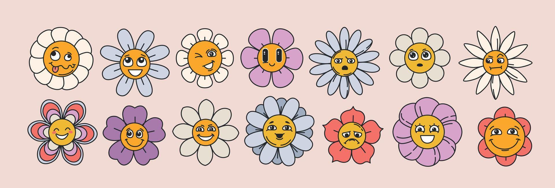 groovy daisy flower face set. Funky flowers characters in different emotions. Cute colorful bloom chamomile in trendy retro style. Hippie floral sticker pack, trippy plants with eyes and petals vector
