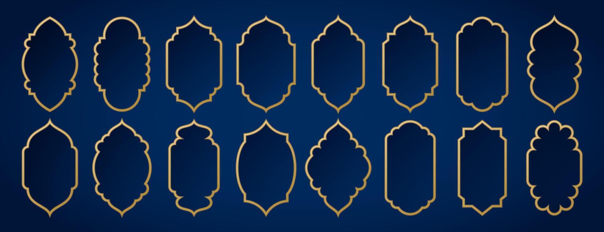 Old islamic window shape. Arabic golden arch, ramadan kareem frames on blue background. Muslim mosque architecture silhouette of moroccan arabian border, gate or door. Eid mubarak oriental mirror set. vector