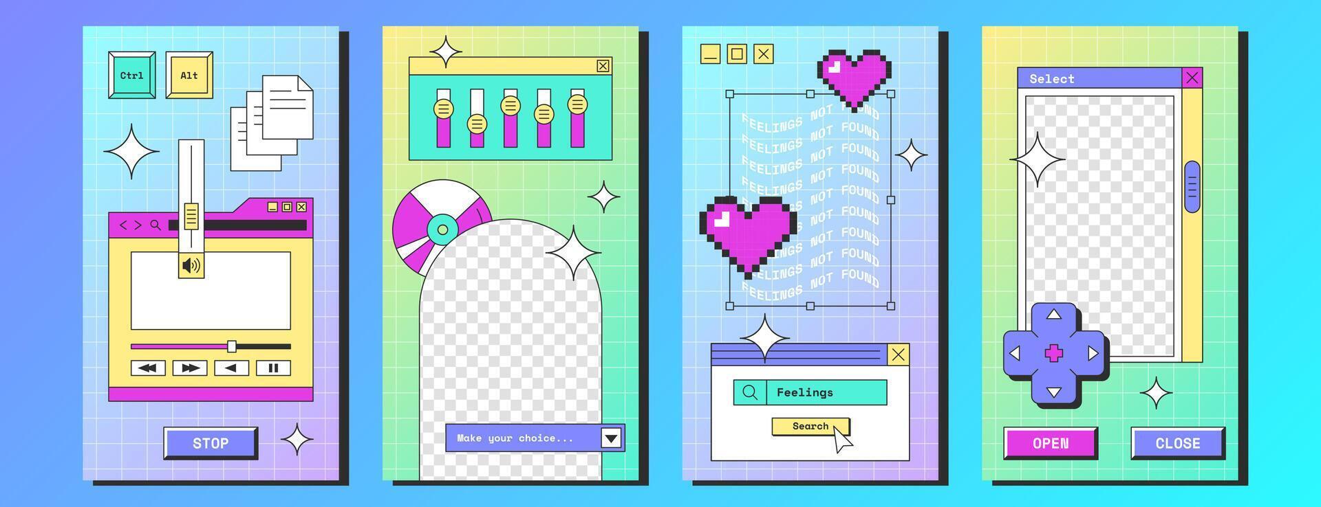 Y2k vaporwave social media posters with retro desktop computer interface with button, player, message frames. Story or post template with old pc screens with browser window, pixel heart, geek stickers vector