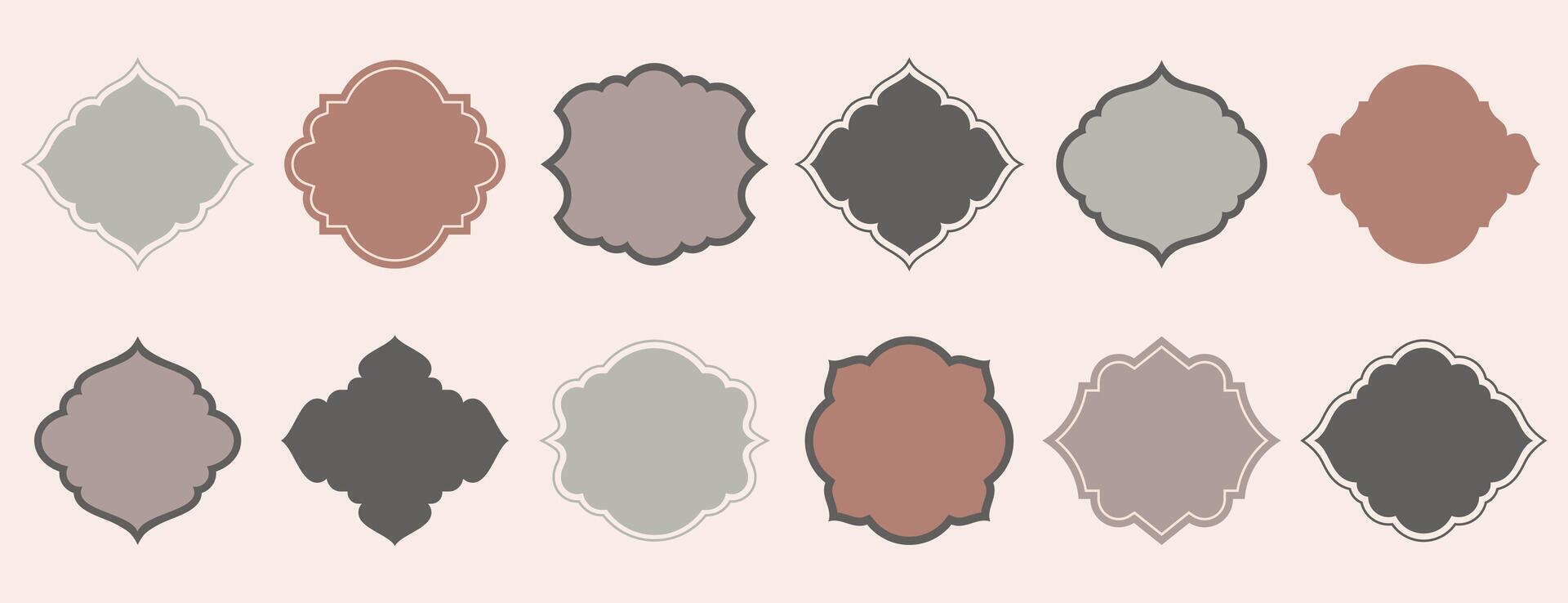Old islamic window shape in oriental style. Arabic frames or arabian mosque arches in beige pastel colors. Muslim architecture geometric design elements or moroccan minimal arc set. Eid mubarak badges vector