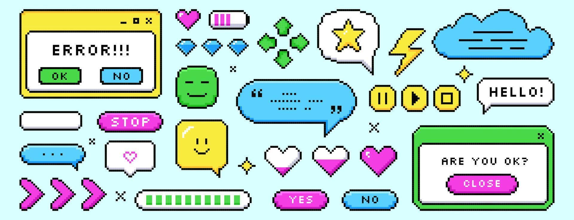 Set of pixel dialogue boxes different shapes. Color chat speech bubbles, buttons, message frames, battery charge level and error in 8bit retro style. Pixelated arrow, love hearts and game asset icons. vector