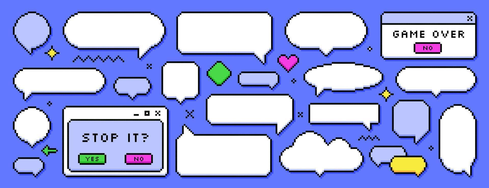 Set of pixel dialogue boxes different shapes on blue background. Chat speech bubbles, flash message frames with text or empty dialog communication box in 8bit retro style. Pixelated arrow, heart icons vector