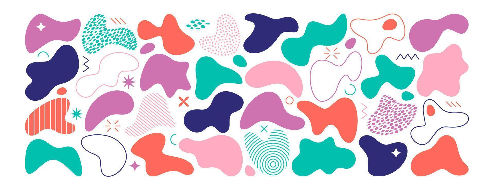 Organic irregular blob shapes. Color random deform fluid spots. Abstract liquid forms set. Simple freeform, asymmetric bubble blotches, drops or basic stains. Blots, amoeba or uneven outline figures. vector