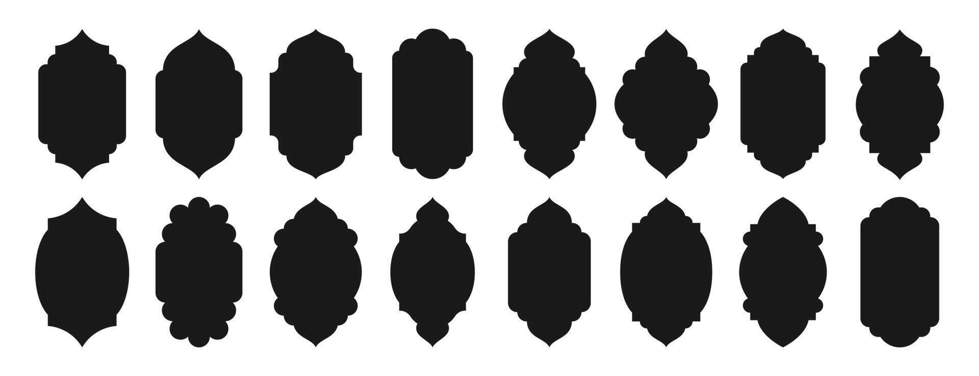 Traditional islamic window shapes in oriental style. Set of black silhouette eid mubarak decorative arches, mosque borders or moroccan gates. Arabic muslim architecture design elements, ramadan frames vector