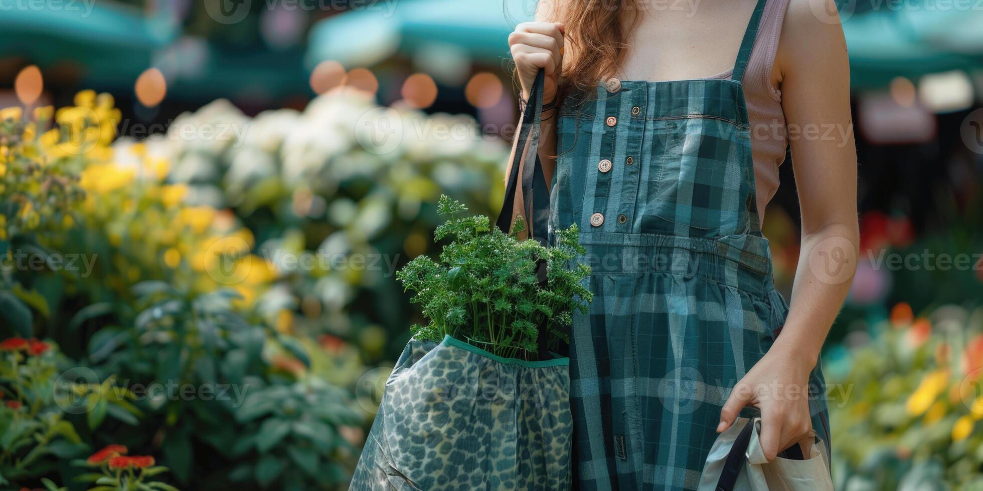 unrecognizable woman carrying reusable bag in hand. photo