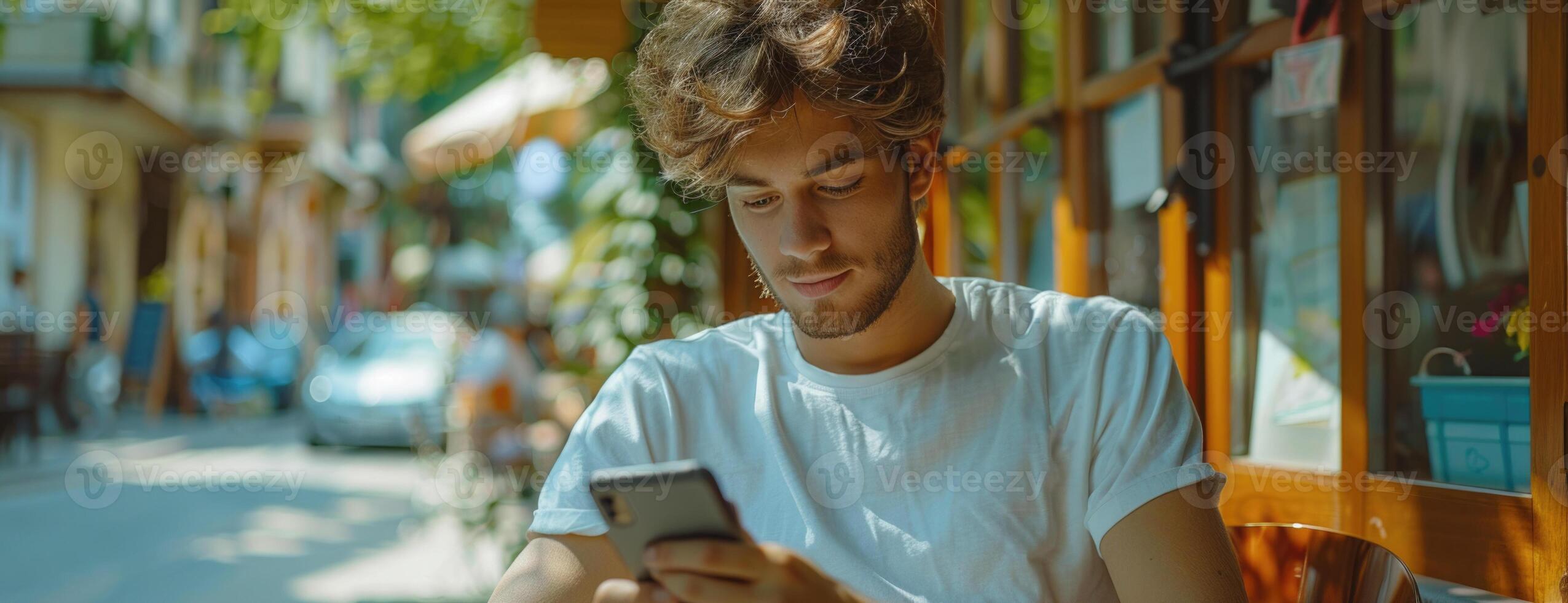 young man sitting in coffee shop using smartphone, summer. photo