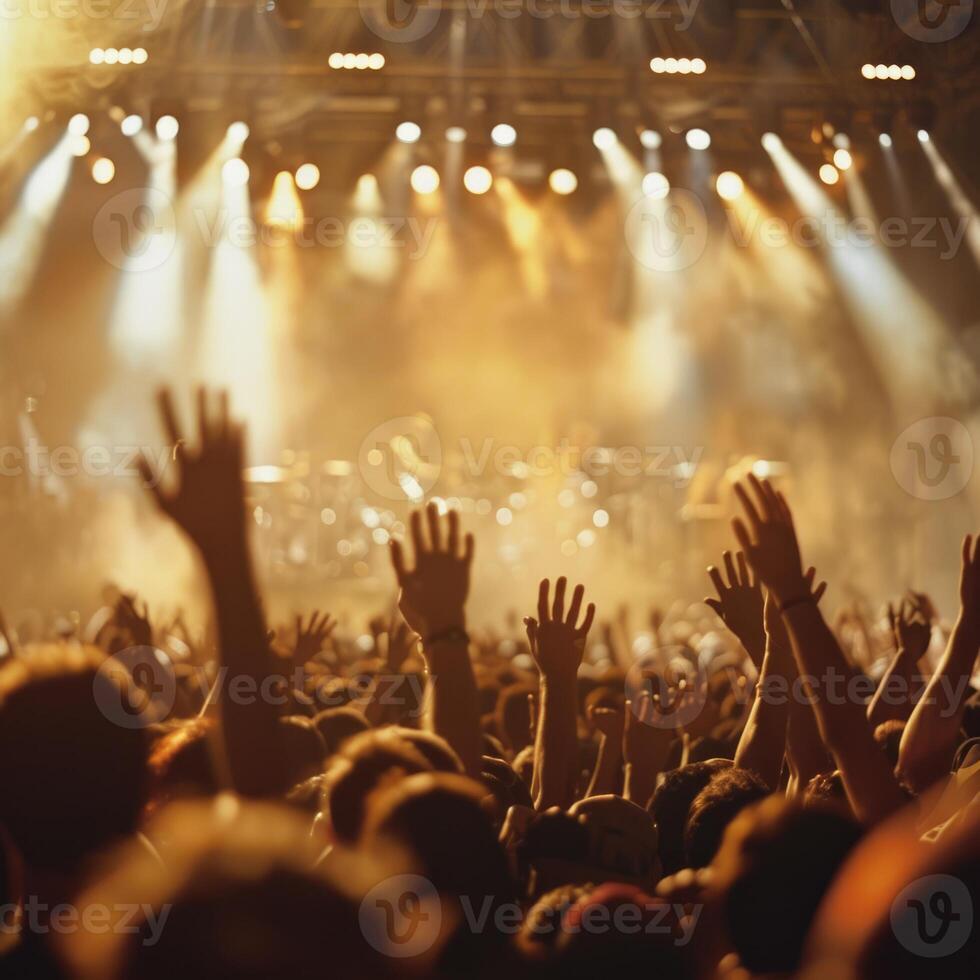 Caught up in the vibe. A huge group of fans screaming at a rock concert. photo