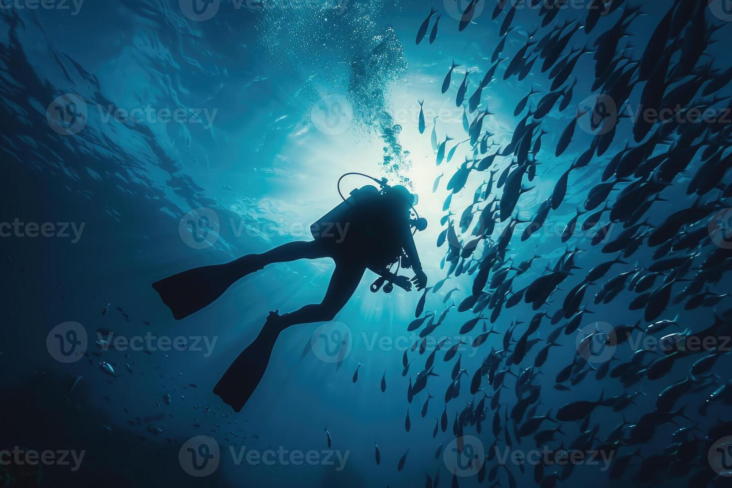 diver underwater, silhouette and sun light. photo