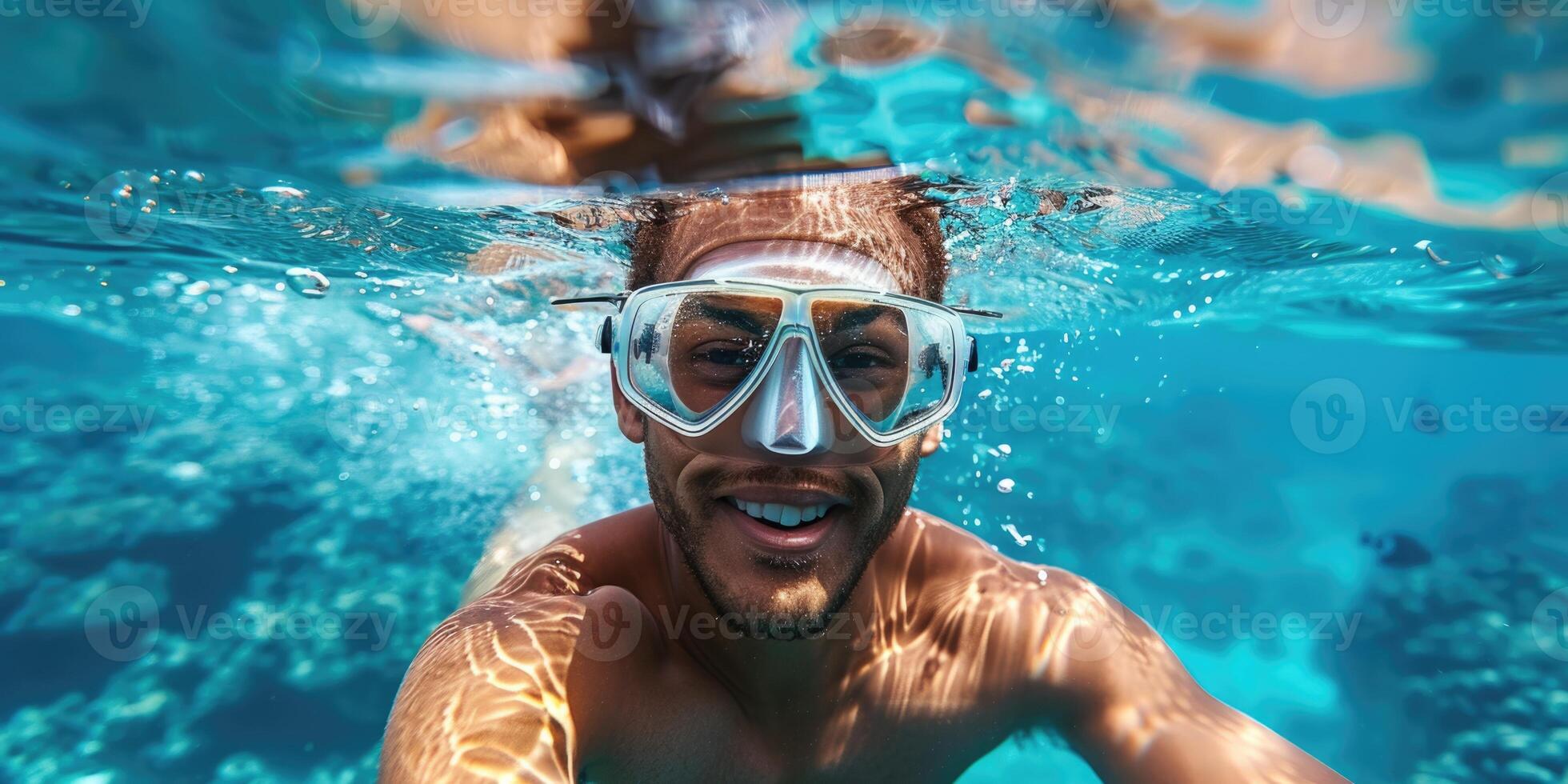 handsome man snorkeling underwater. photo