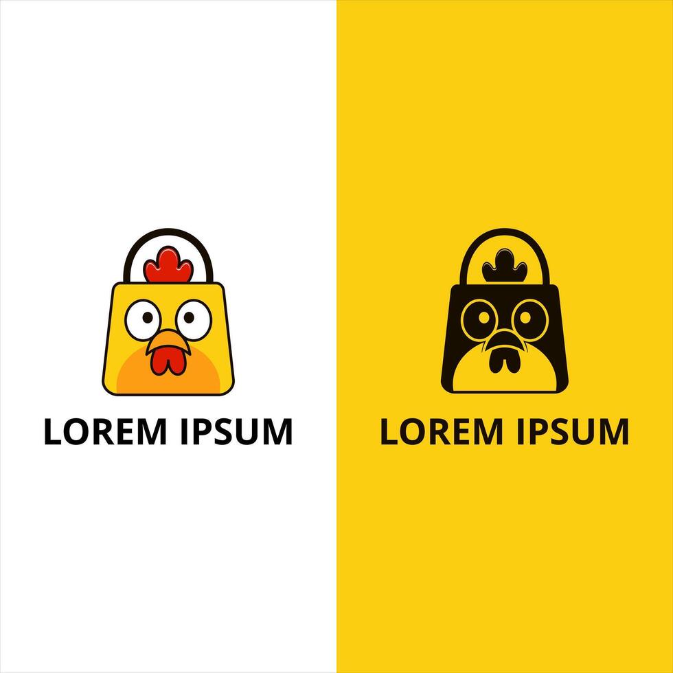 ecommerce and store logo design with cute chicken head and shopping bag symbols vector