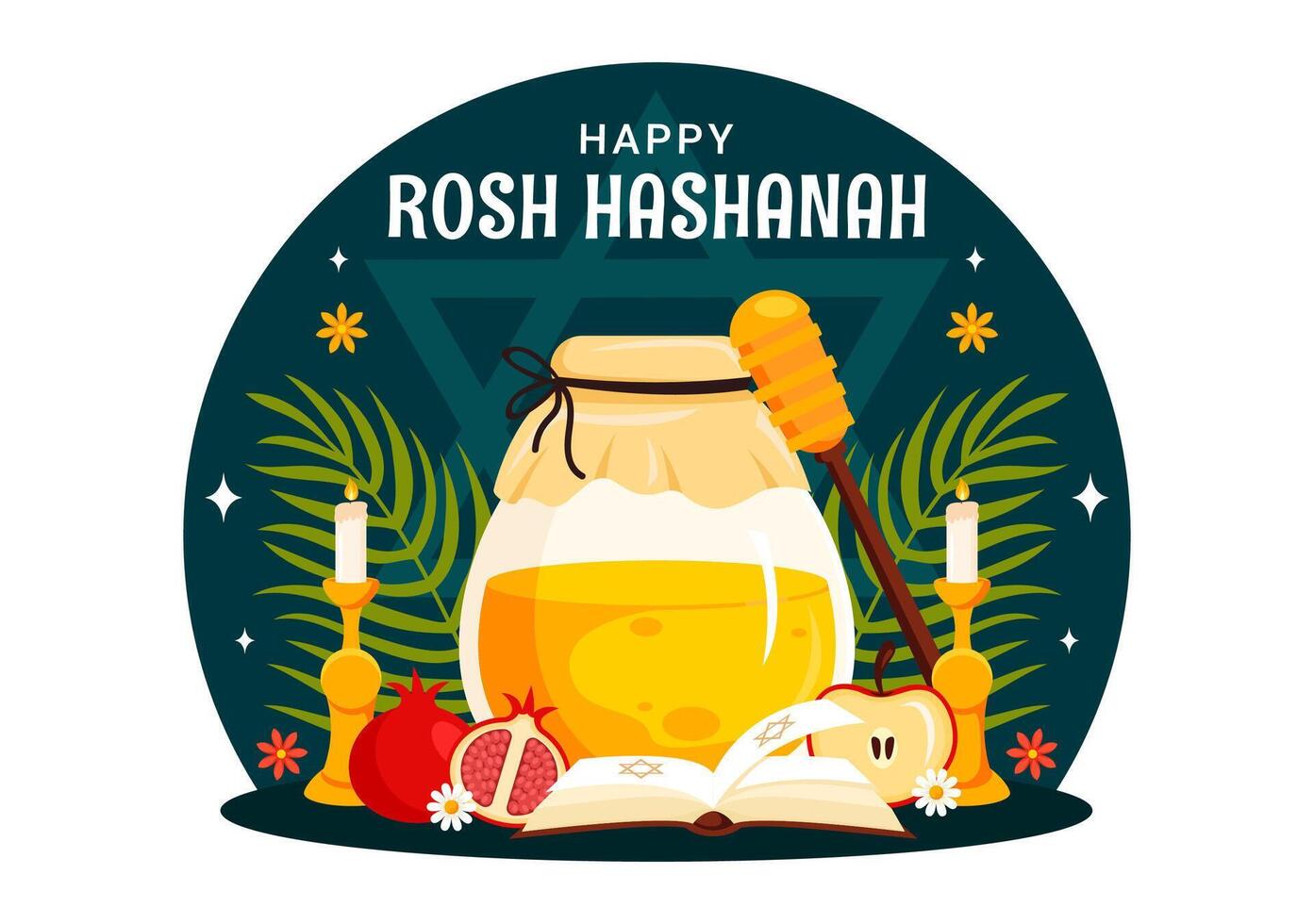 Happy Rosh Hashanah Illustration of Jewish New Year Holiday with Apple, Pomegranate, Honey, and Bee in Flat Style Cartoon Background vector