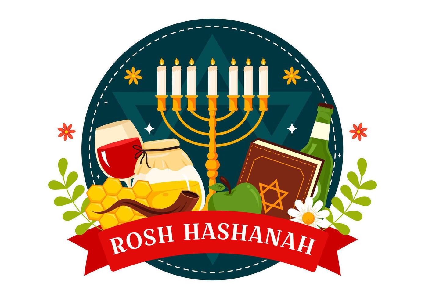 Happy Rosh Hashanah Illustration of Jewish New Year Holiday with Apple, Pomegranate, Honey, and Bee in Flat Style Cartoon Background vector