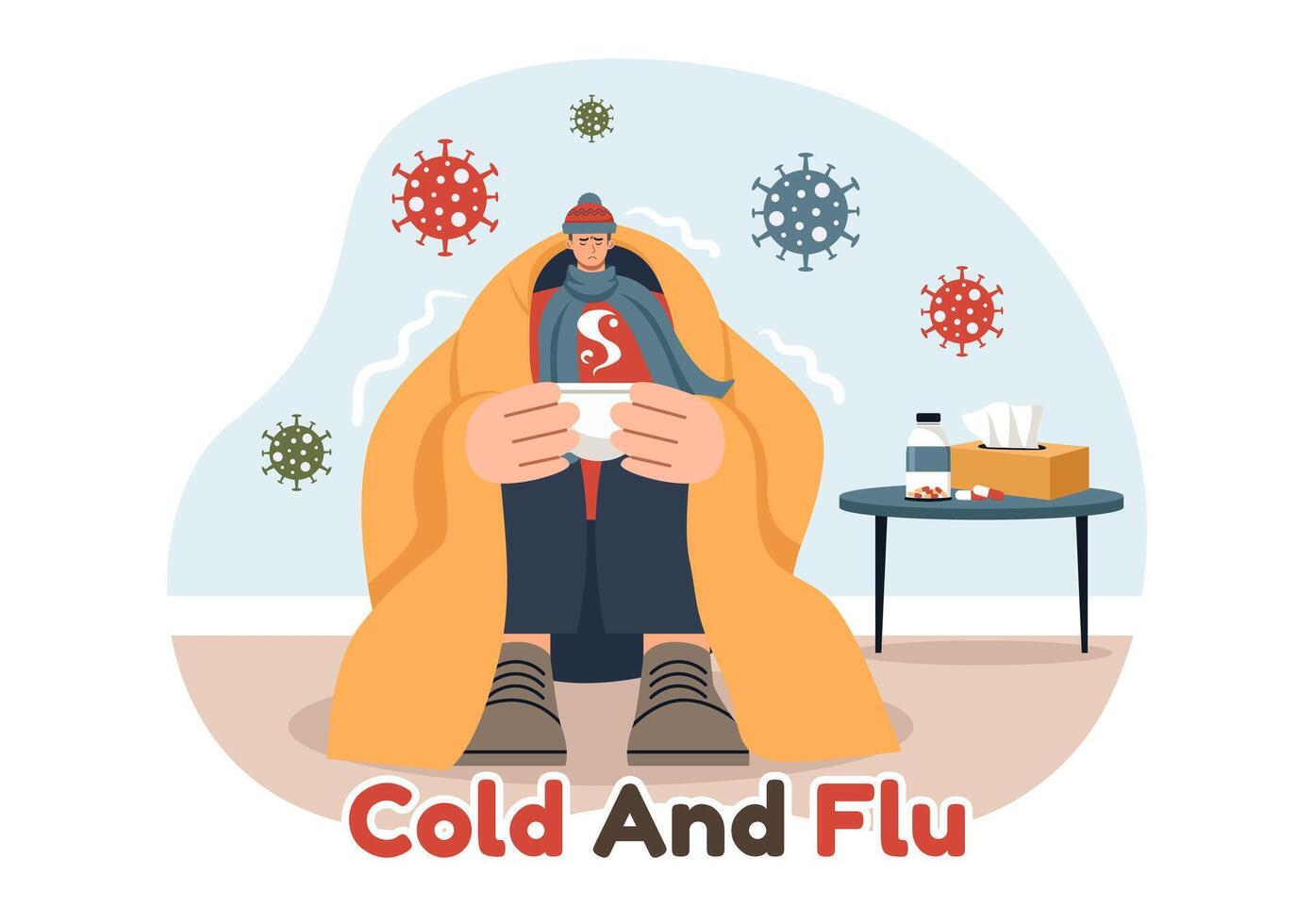 Illustration of Sick People with Flu and Cold Wearing Thick Clothes, Hand Drawn in a Flat Cartoon Style for Healthcare Purposes on a Background vector
