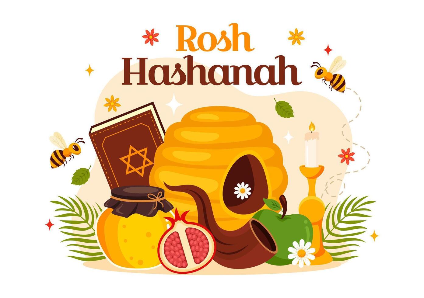 Happy Rosh Hashanah Illustration of Jewish New Year Holiday with Apple, Pomegranate, Honey, and Bee in Flat Style Cartoon Background vector
