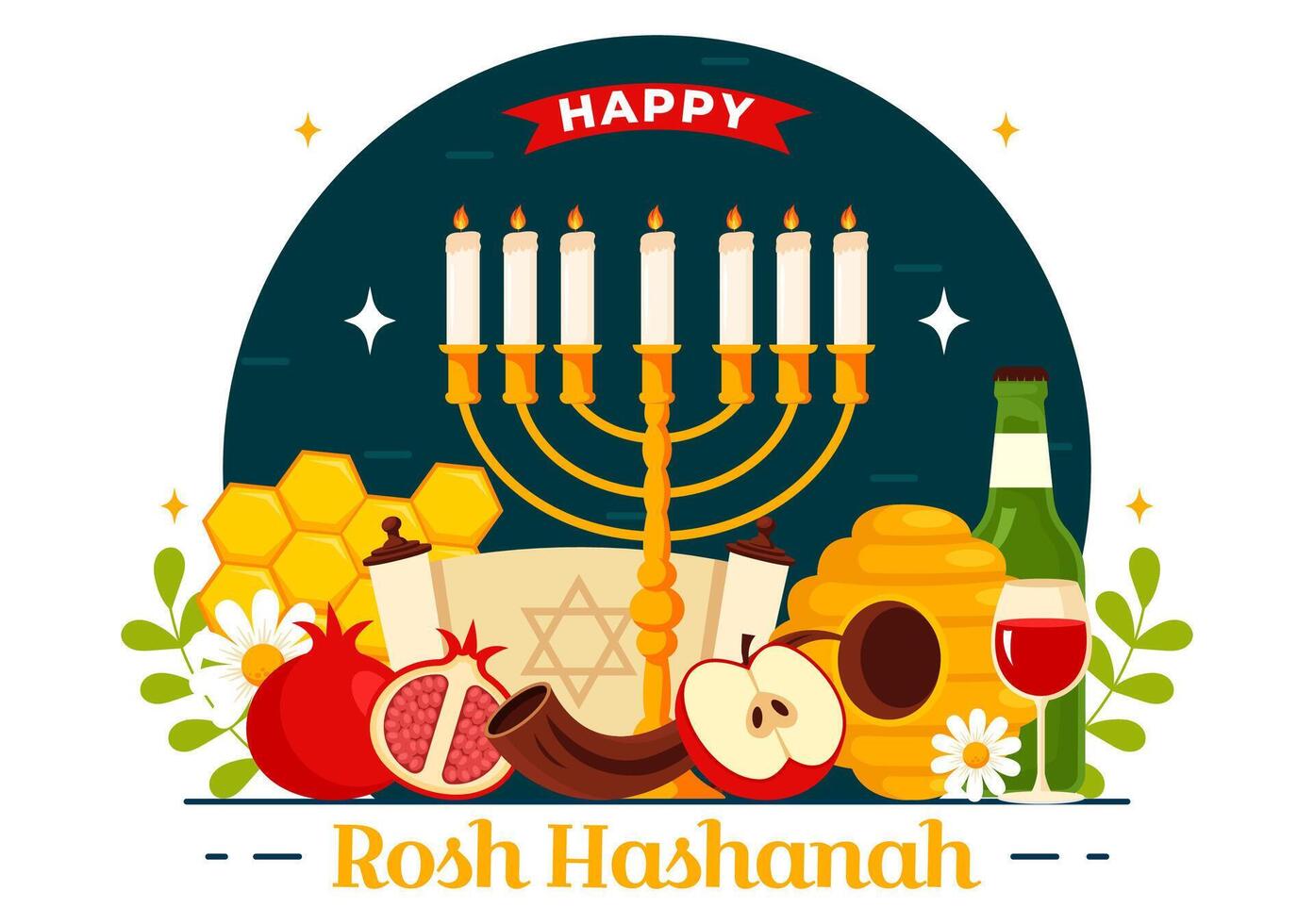 Happy Rosh Hashanah Illustration of Jewish New Year Holiday with Apple, Pomegranate, Honey, and Bee in Flat Style Cartoon Background vector