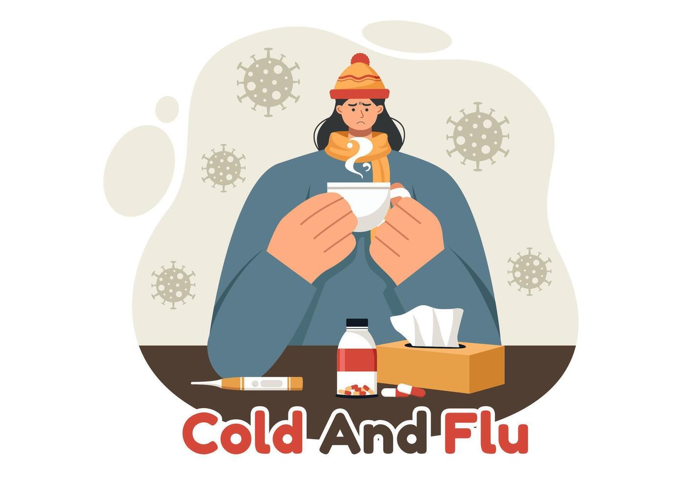 Illustration of Sick People with Flu and Cold Wearing Thick Clothes, Hand Drawn in a Flat Cartoon Style for Healthcare Purposes on a Background vector