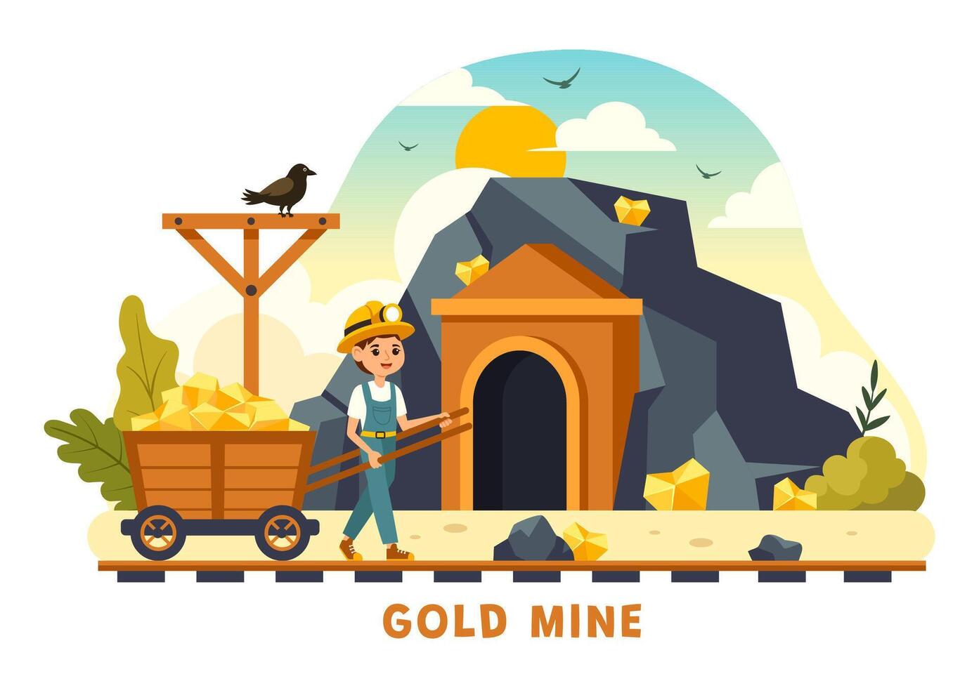 Gold Mine Illustration with Mining Industry Activity Featuring Treasure, Piles of Coins, Jewelry, and Gems in a Flat Style Cartoon Background vector