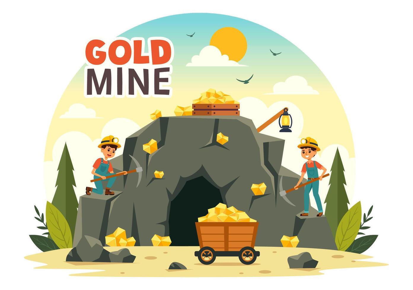 Gold Mine Illustration with Mining Industry Activity Featuring Treasure, Piles of Coins, Jewelry, and Gems in a Flat Style Cartoon Background vector