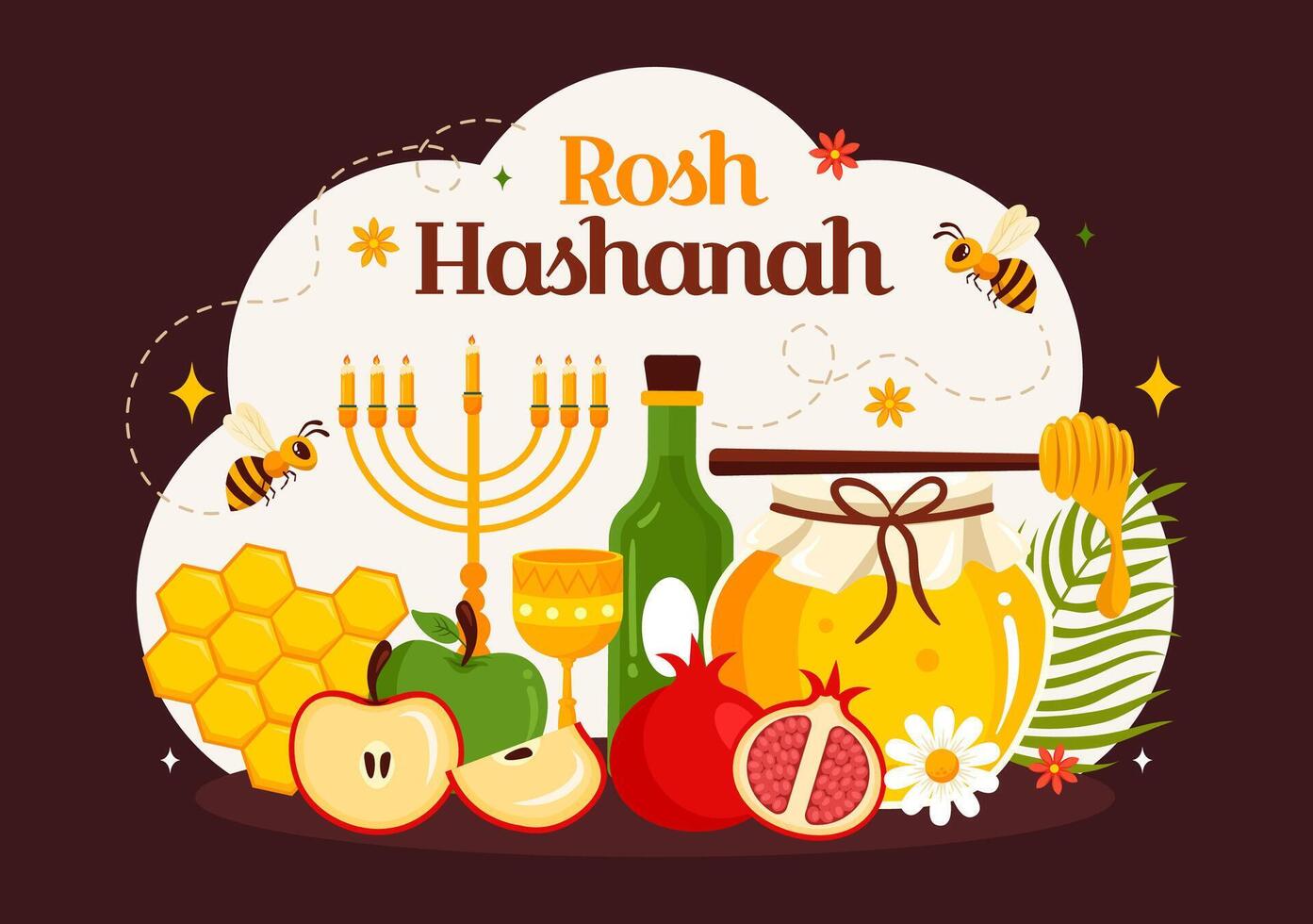 Happy Rosh Hashanah Illustration of Jewish New Year Holiday with Apple, Pomegranate, Honey, and Bee in Flat Style Cartoon Background vector