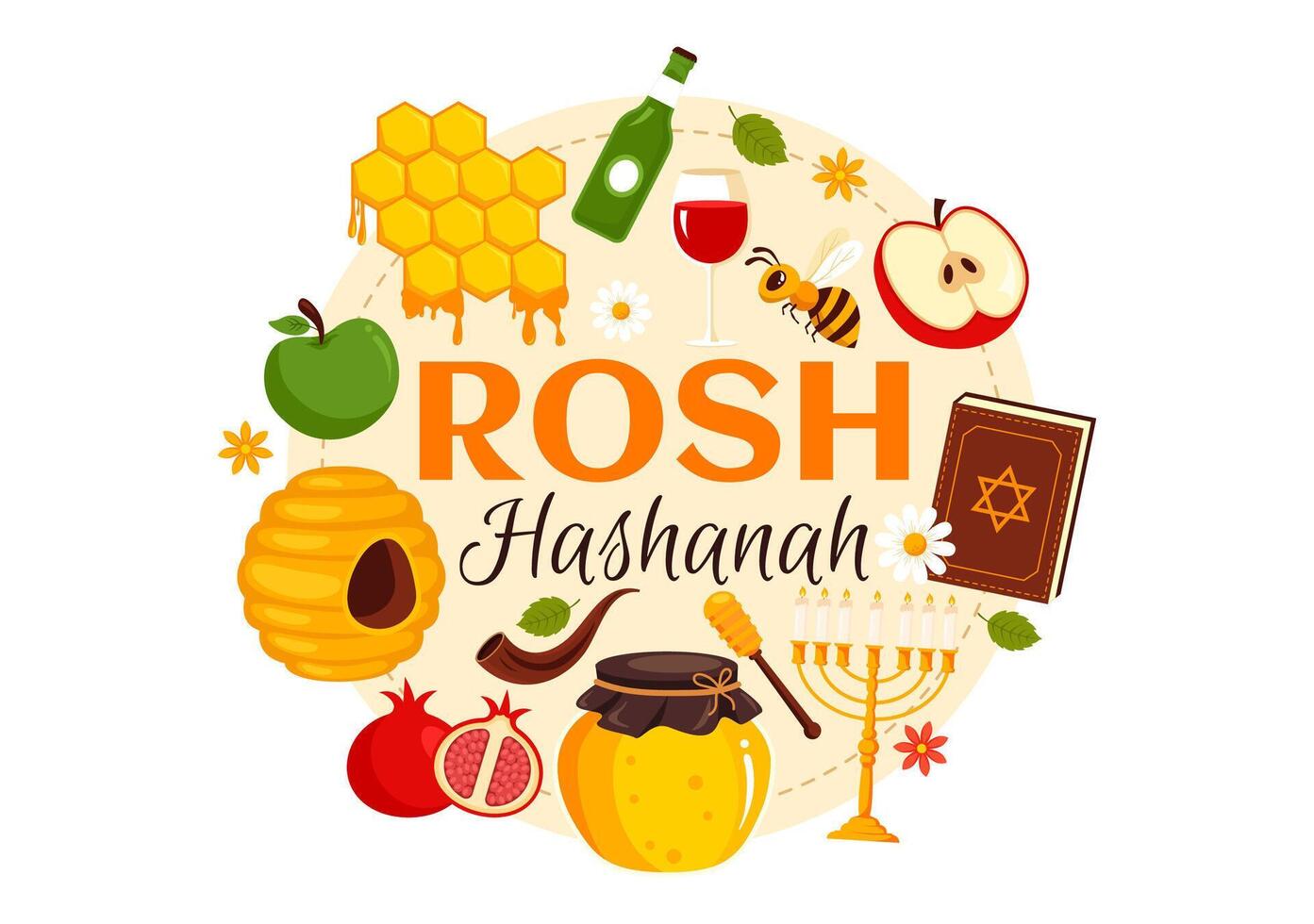 Happy Rosh Hashanah Illustration of Jewish New Year Holiday with Apple, Pomegranate, Honey, and Bee in Flat Style Cartoon Background vector