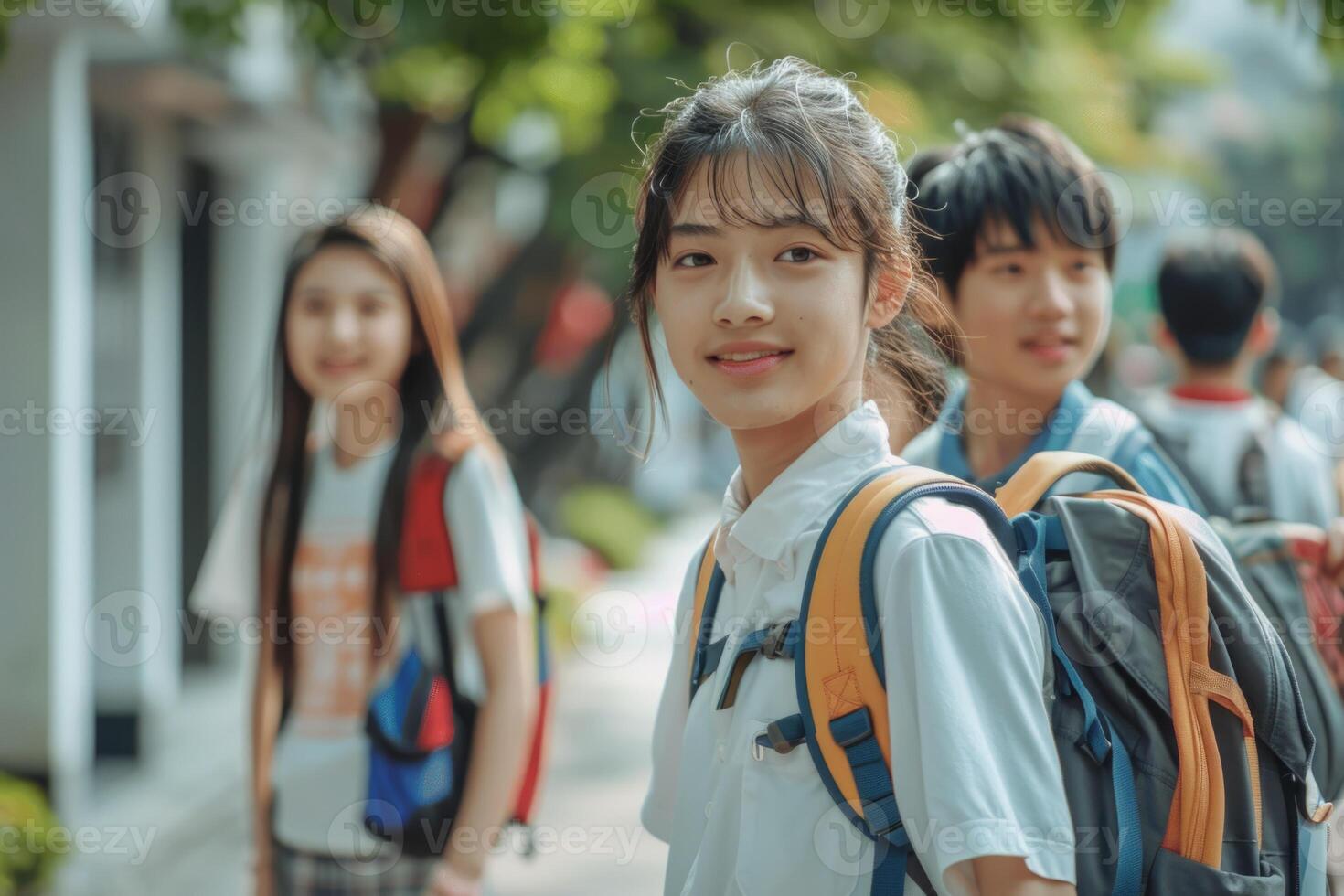 asian teen Students walking to school together, looking to camera. photo
