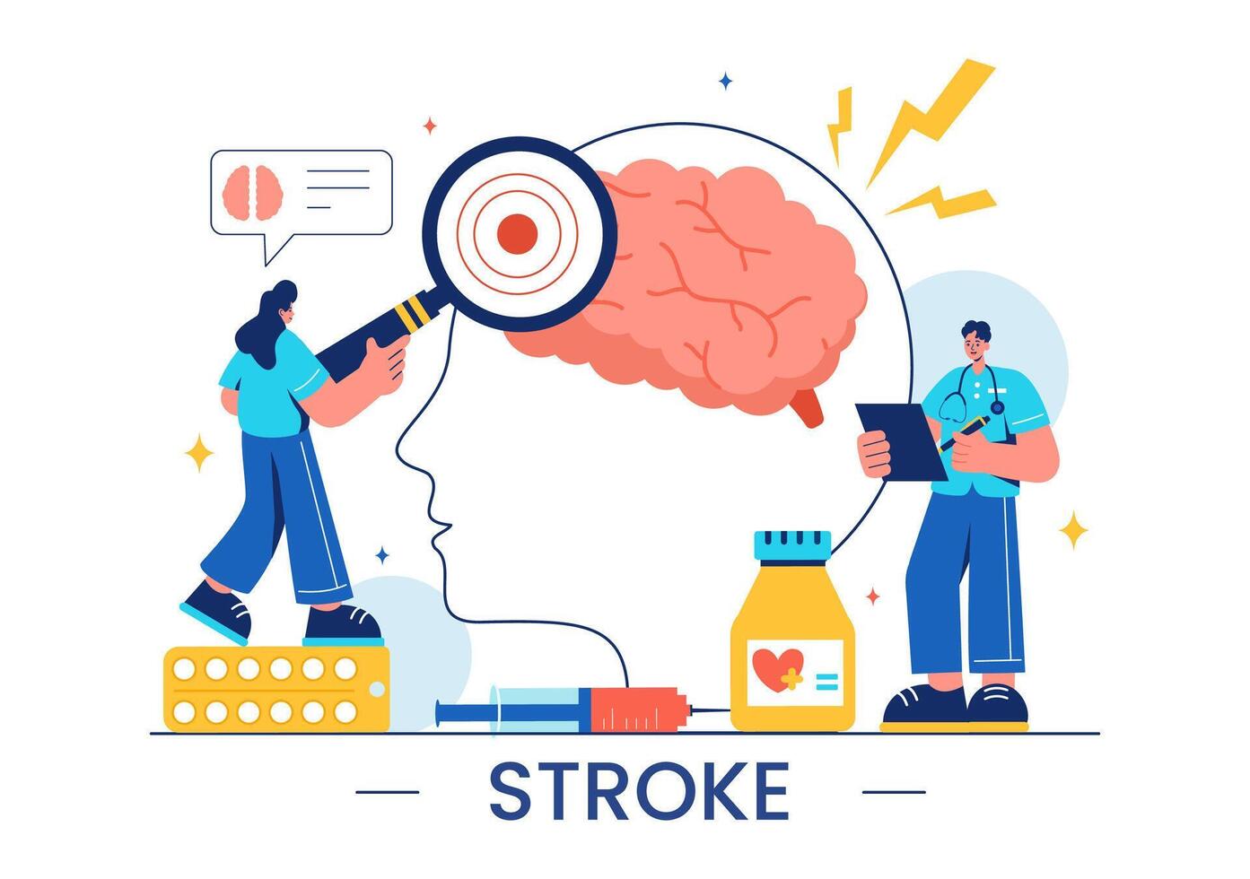 A Illustration of Human Brain Stroke Highlighting Medical Details, Hemorrhage, and Pain Points for Health Checks in a Flat Cartoon Background vector