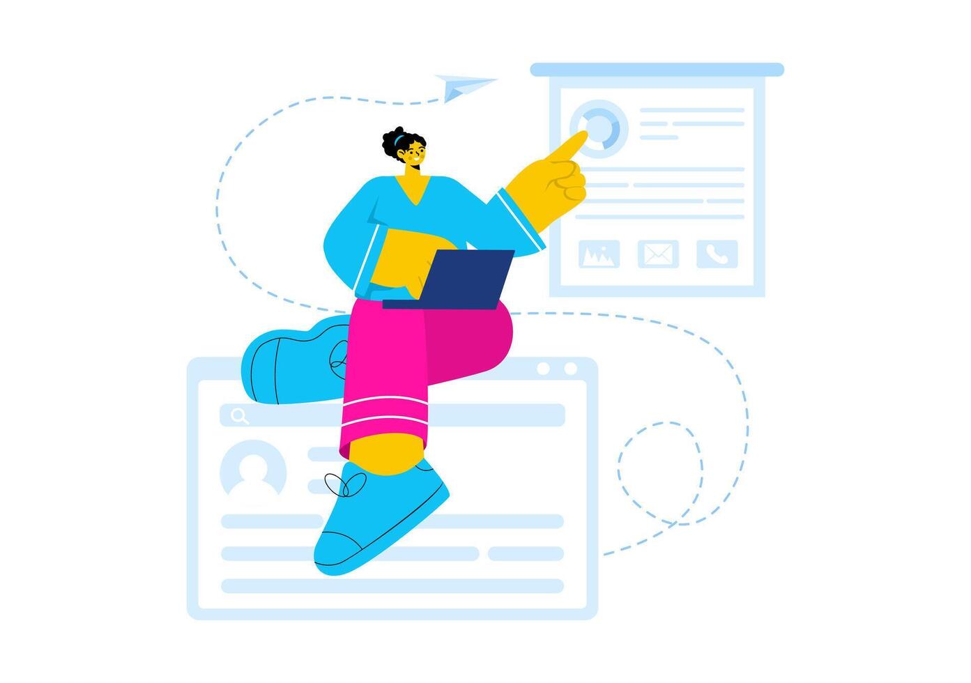 Personal Portfolio Illustration with Profile Data, Resume, or Self-Improvement to Attract Clients and Employers in a Flat Cartoon Background vector
