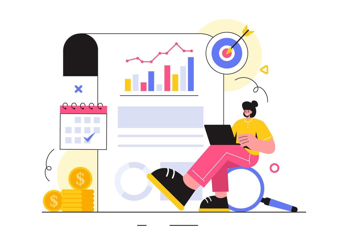 Market Research and Analysis Illustration with Team Management and Analytics for Creating Data Statistics in a Flat Style Cartoon Background vector