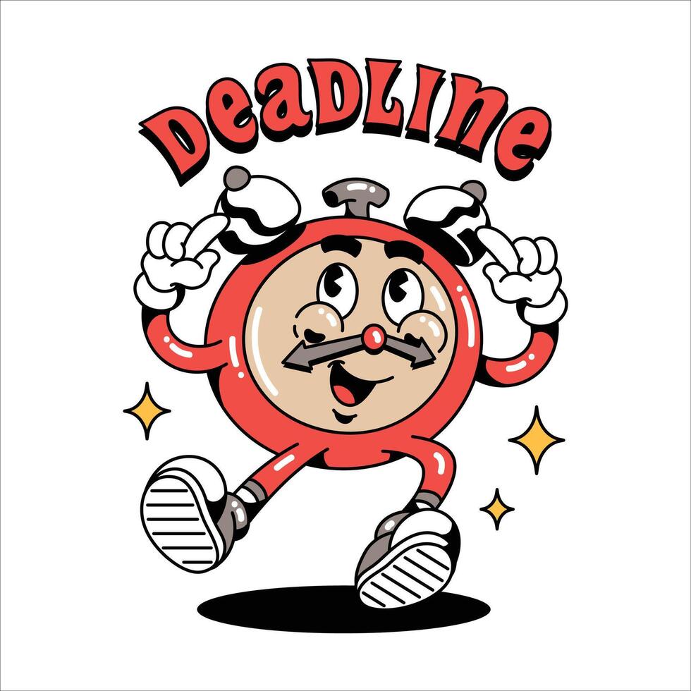 Hand drawn character Of Deadline Pose Retro Cartoon Groovy Style vector