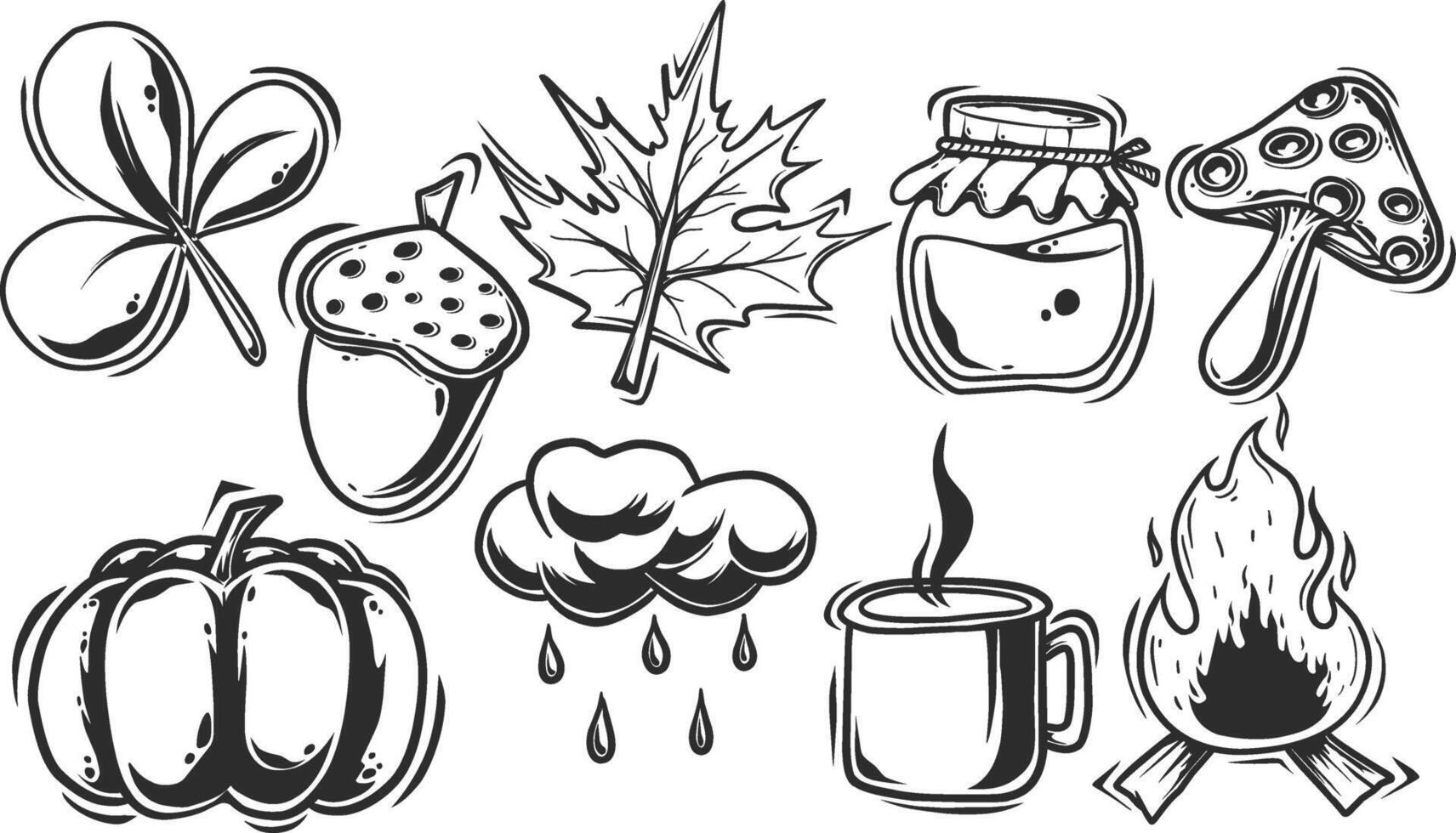 set of hand drawn autumn element oak leaves illustration vector