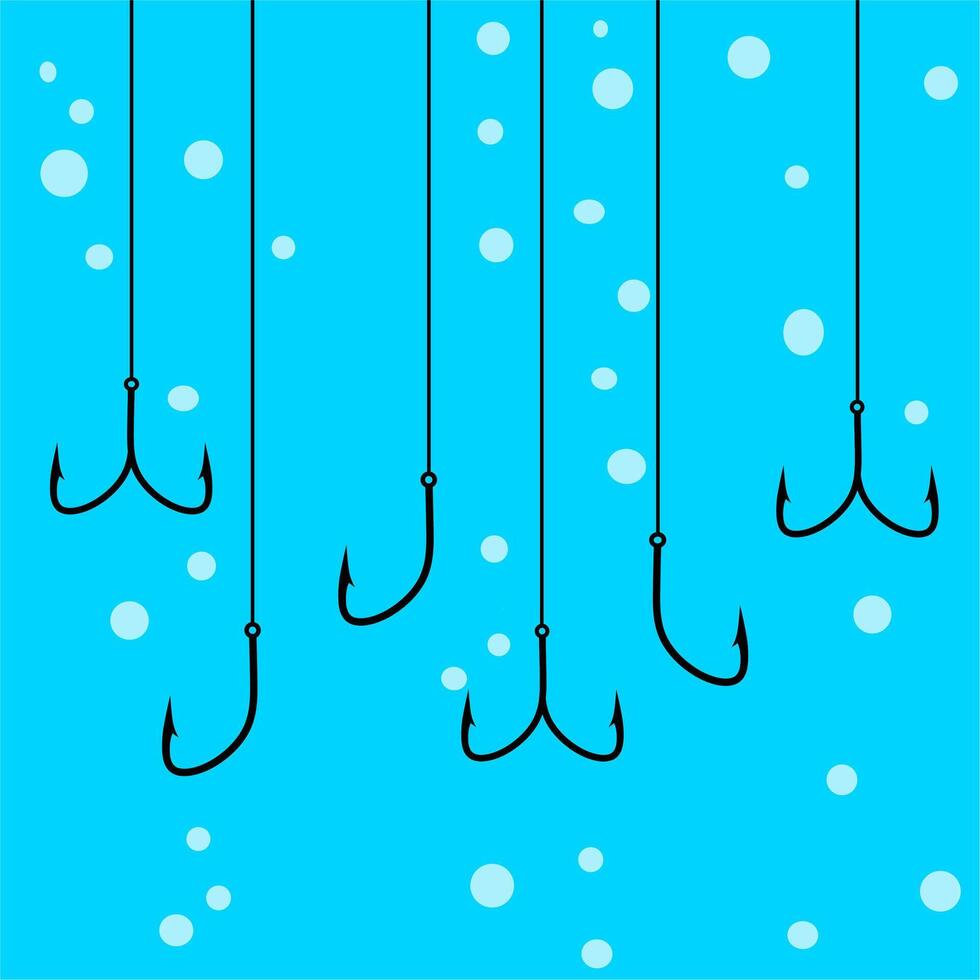 illustration of hanging fishing hook on blue sea background with water bubbles. Concept of sea fish trap with bait. vector