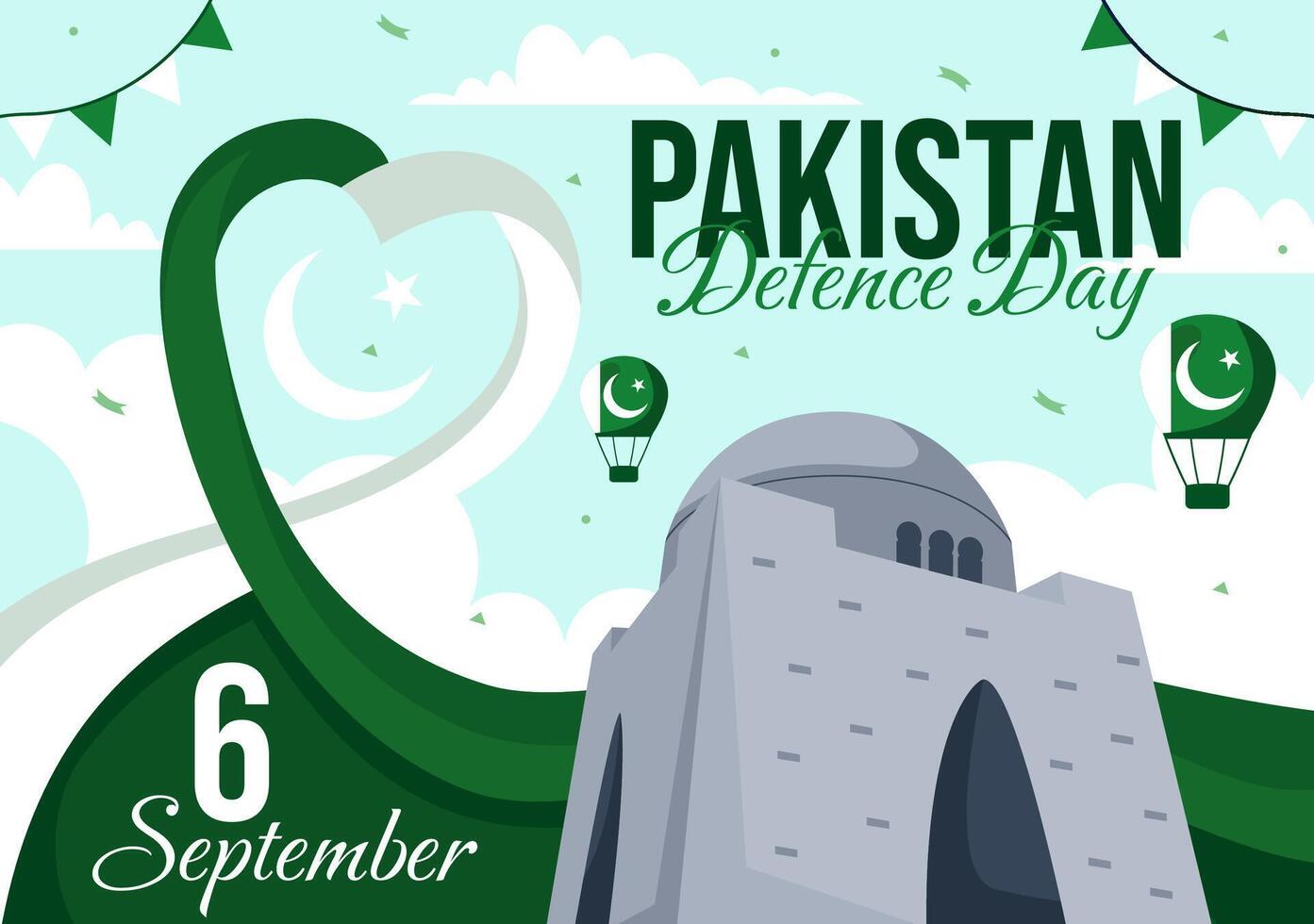 Pakistan Defence Day Illustration on 6th September featuring Waving Flag, Jets, Army, Building, and tanks in a Flat Style Cartoon Background vector