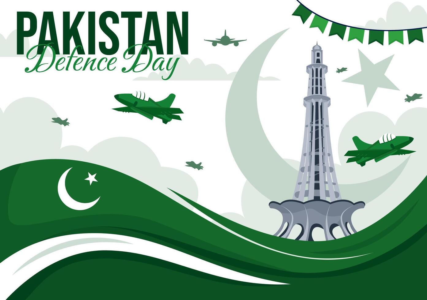 Pakistan Defence Day Illustration on 6th September featuring Waving Flag, Jets, Army, Building, and tanks in a Flat Style Cartoon Background vector