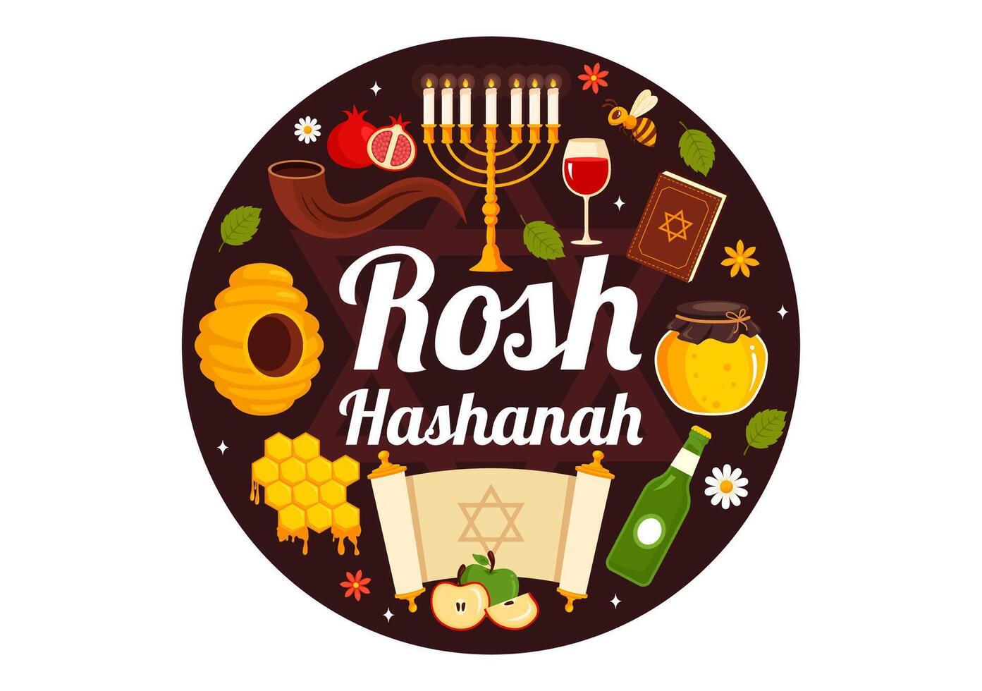 Happy Rosh Hashanah Illustration of Jewish New Year Holiday with Apple, Pomegranate, Honey, and Bee in Flat Style Cartoon Background vector